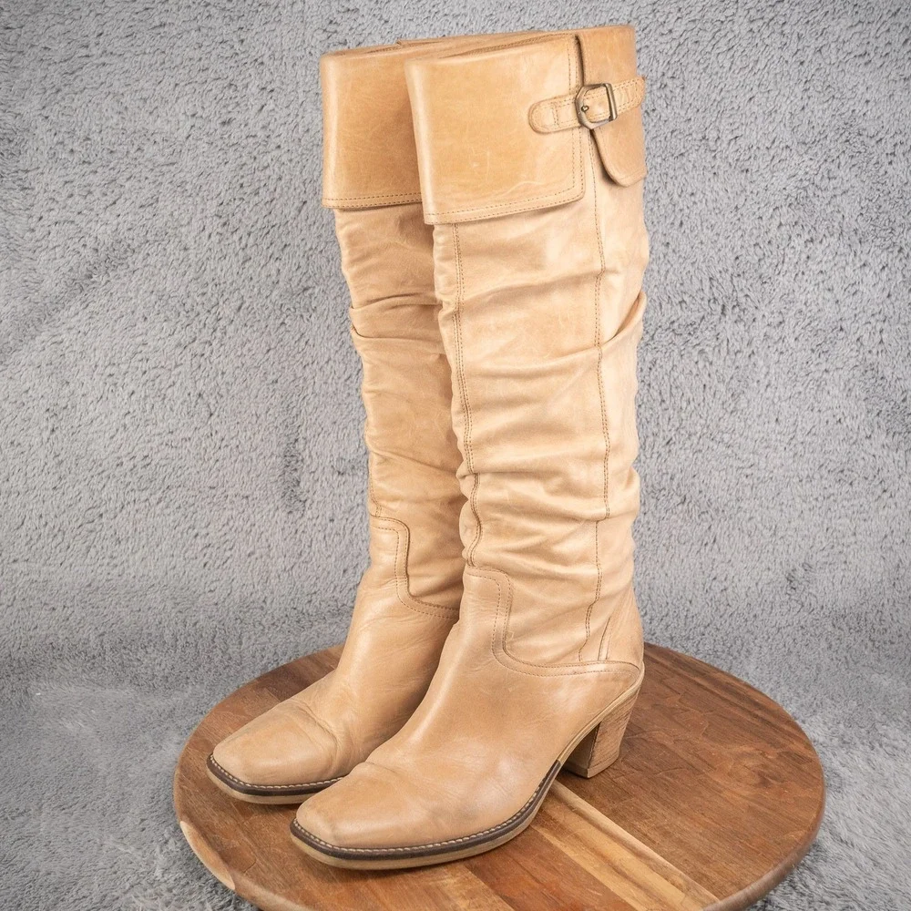 VIA‎ SPIGA Taupe Distressed Ruched Leather Calf High Boots Size 7.5 M